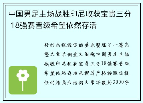 中国男足主场战胜印尼收获宝贵三分 18强赛晋级希望依然存活